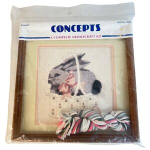 1984 Bunny In A Basket Concepts Crewel Kit Rabbit With Frame Vintage Needlecraft